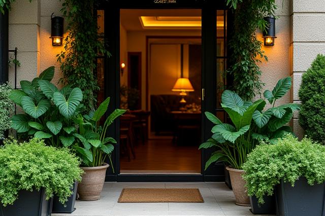 A Zöld Inda teaház bejárata zöld növényekkel