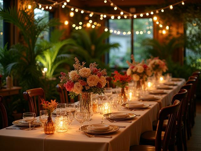Rendezvényekre berendezett terem, virágokkal és meleg fényekkel