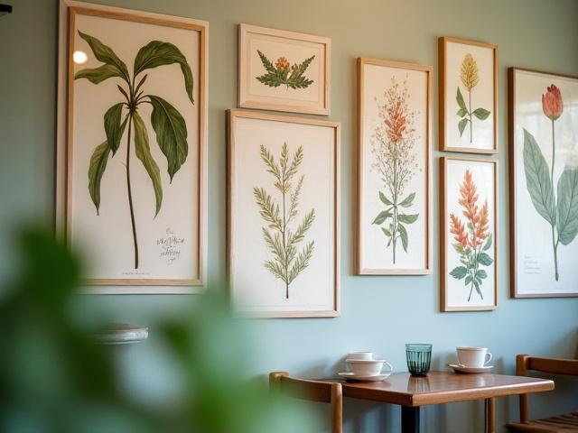 Falra festett botanikus motívumok és kézzel készített műalkotások