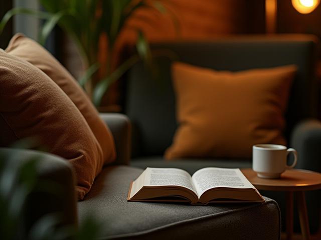 Hangulatos olvasósarok puha párnákkal és egy könyvvel