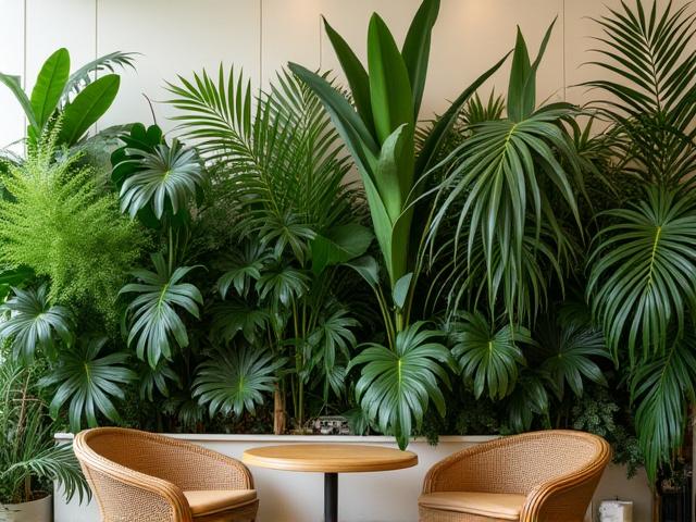 Belső tér, dús növényzettel és elegáns, fonott bútorokkal