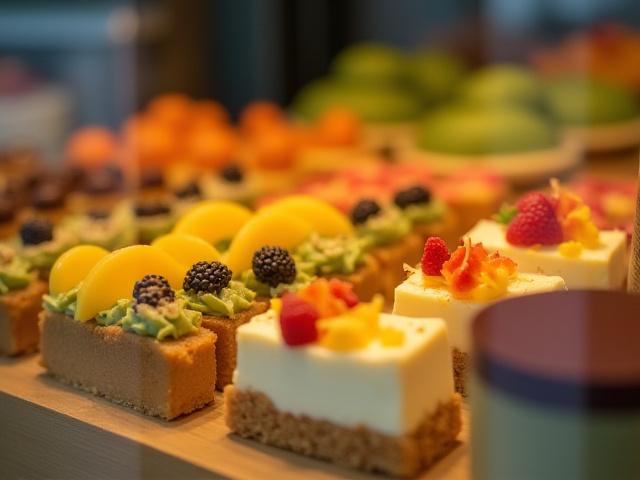 Finom, esőerdő ihlette sütemények és péksütemények üvegvitrinben