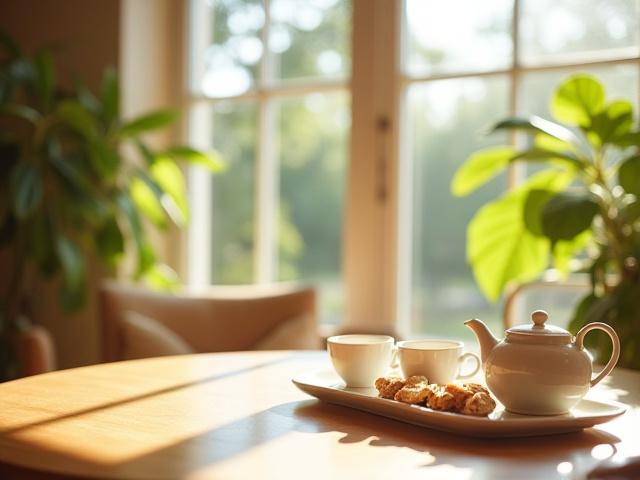 Napfénnyel teli tér nagyméretű ablakokkal és teakészlettel