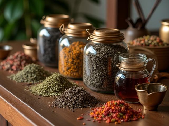 Pult egzotikus teák válogatásával és autentikus teáskészletekkel