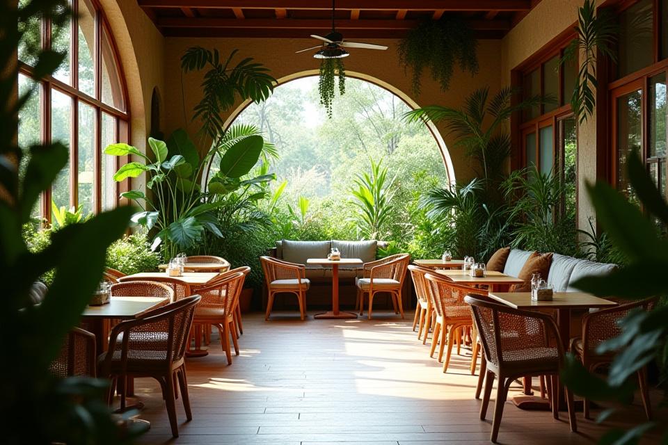 Meleg, barátságos kávézó belső tér, sok növénnyel és természetes fénnyel